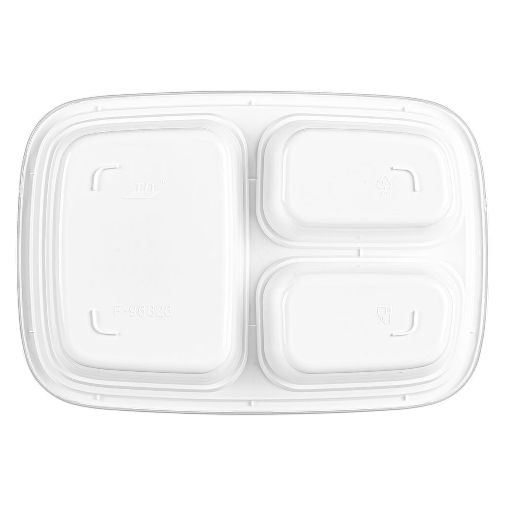 Asporto 26 oz White Plastic 3 Compartment Food Container - with Clear Lid, Microwavable - 8 3/4" x 6" x 1 3/4" - 100 count box
