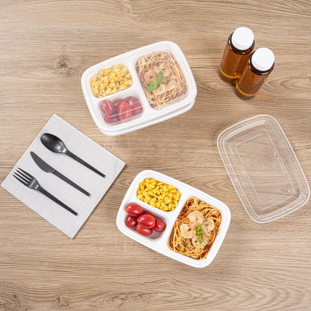 Asporto 26 oz White Plastic 3 Compartment Food Container - with Clear Lid, Microwavable - 8 3/4" x 6" x 1 3/4" - 100 count box