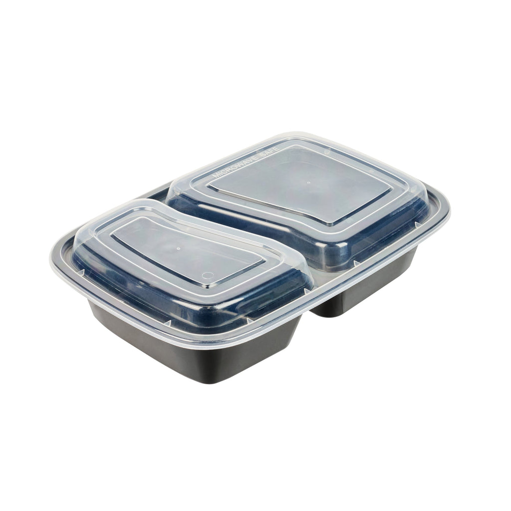 Asporto 32 oz Black Plastic 2 Compartment Food Container - with Clear Lid, Microwavable - 8 3/4" x 6" x 2" - 100 count box