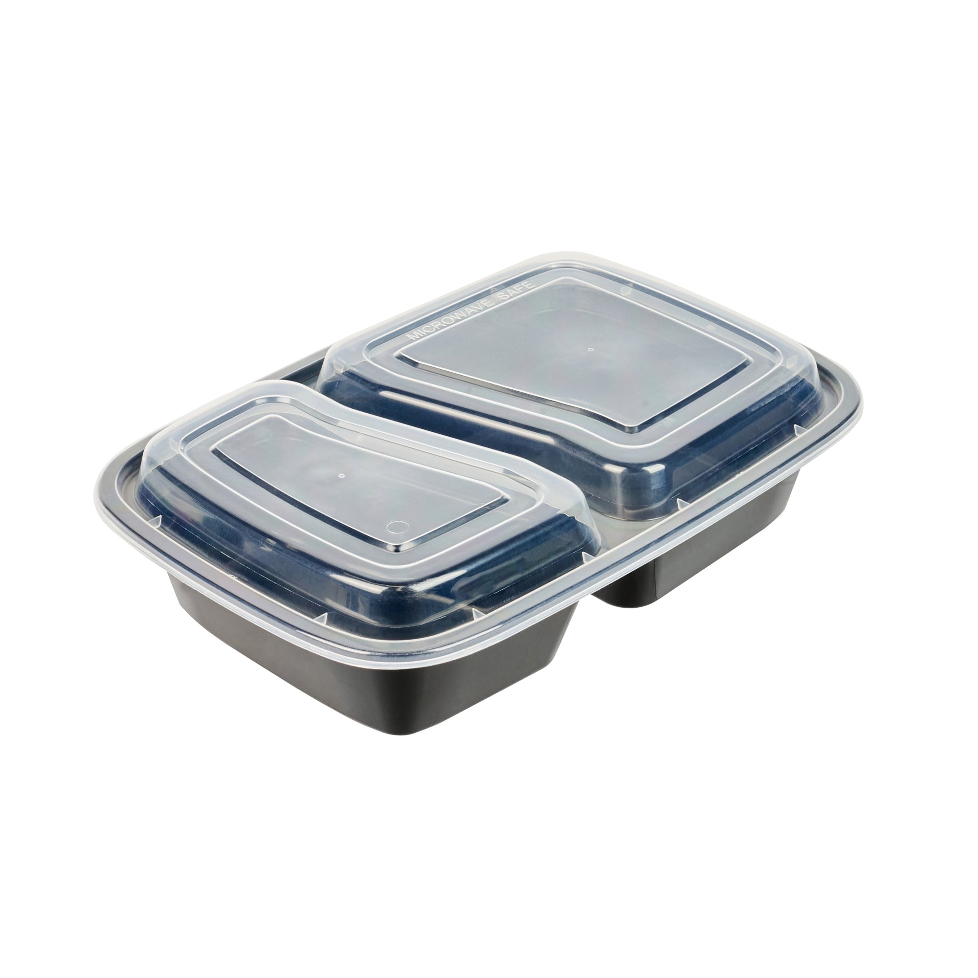 Asporto 32 oz Black Plastic 2 Compartment Food Container - with Clear Lid, Microwavable - 8 3/4" x 6" x 2" - 100 count box