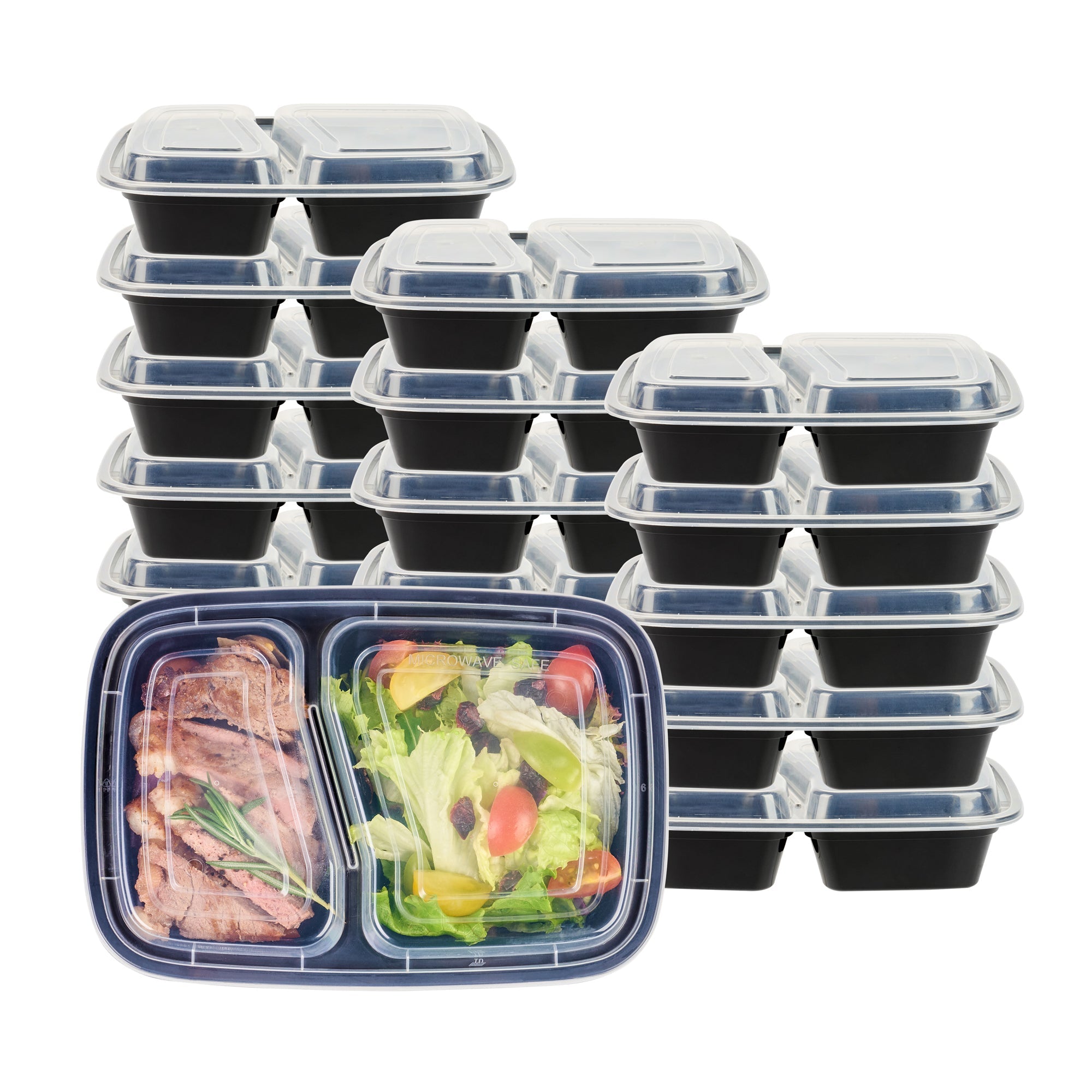 Asporto 32 oz Black Plastic 2 Compartment Food Container - with Clear Lid, Microwavable - 8 3/4" x 6" x 2" - 50 count box