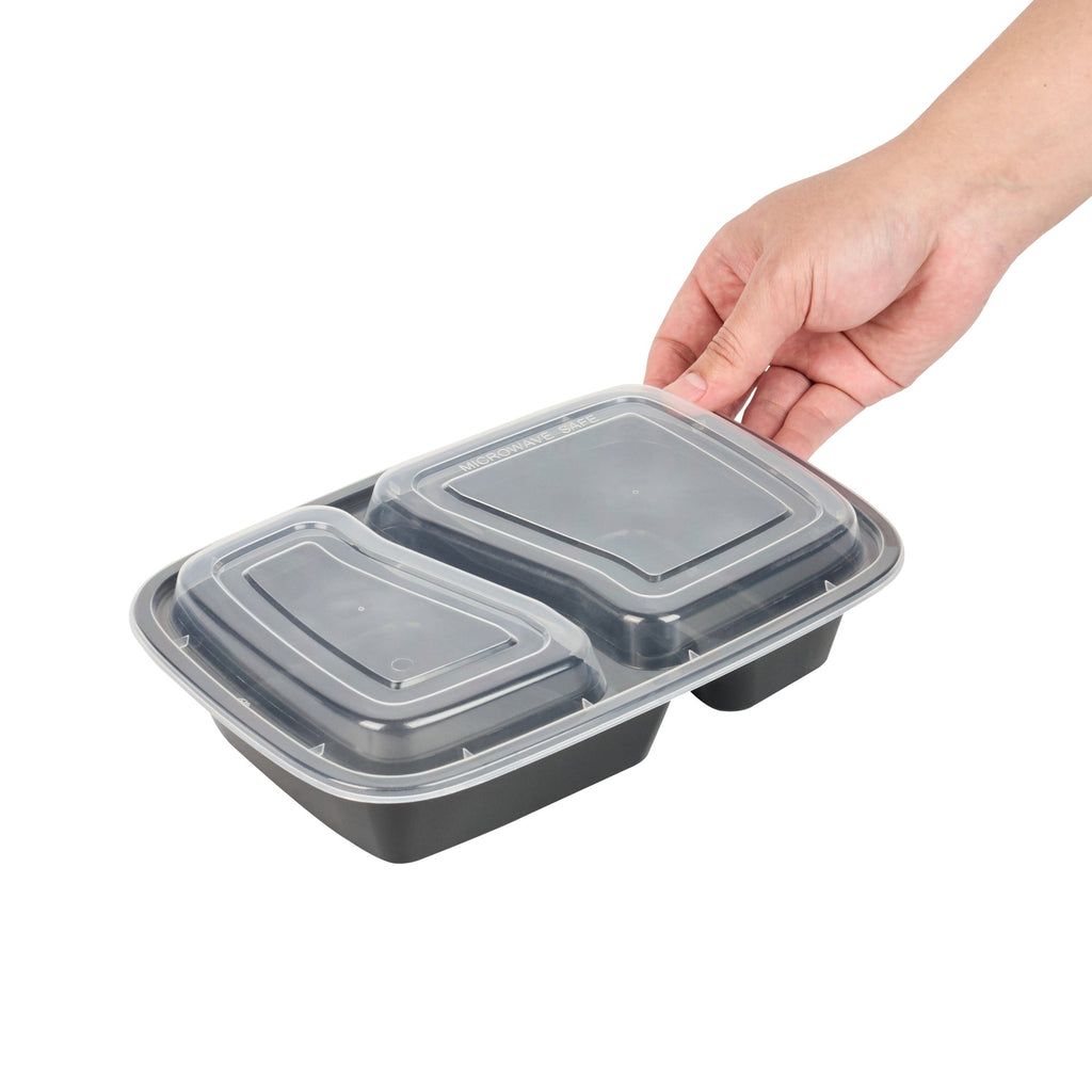 Asporto 32 oz Black Plastic 2 Compartment Food Container - with Clear Lid, Microwavable - 8 3/4" x 6" x 2" - 50 count box