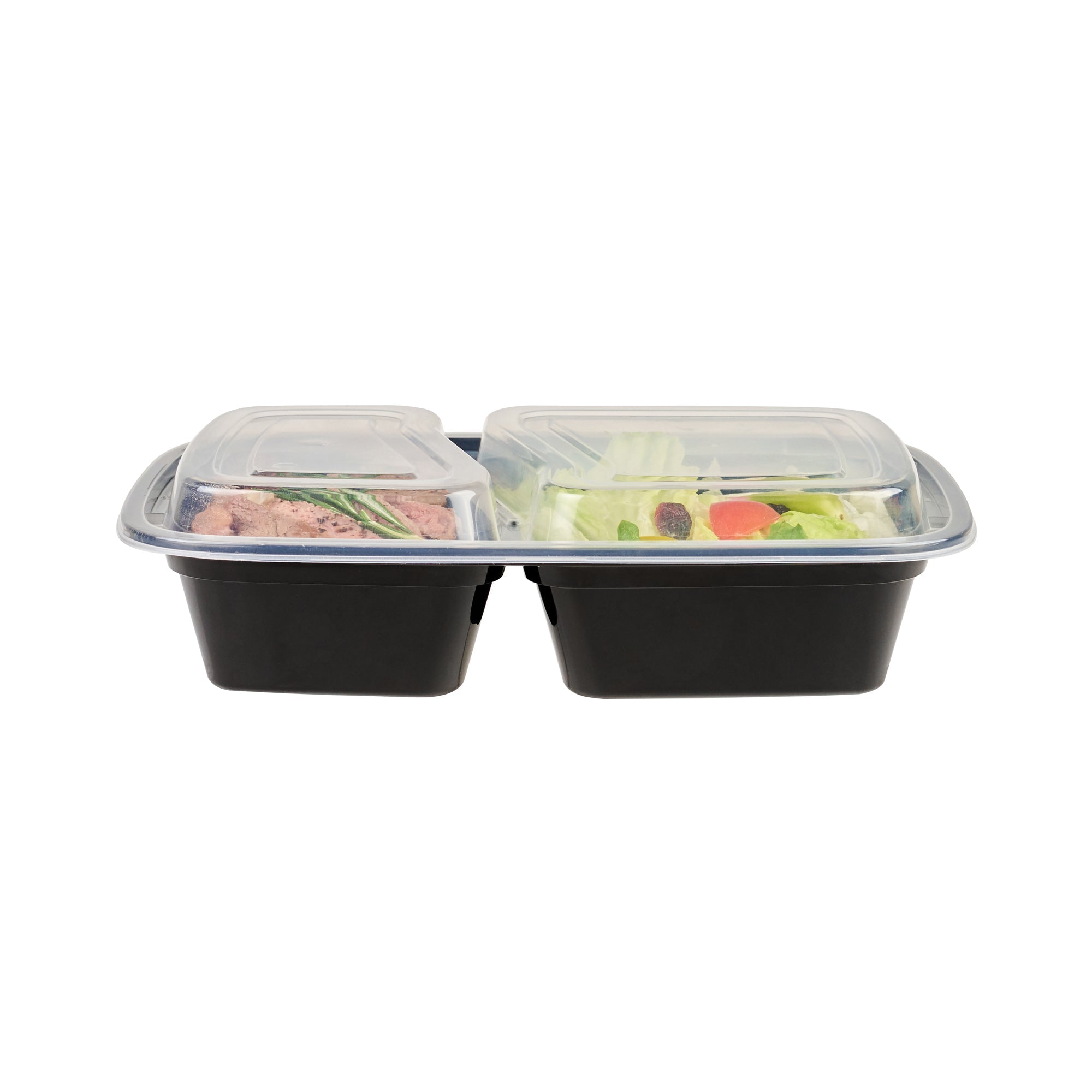 Asporto 32 oz Black Plastic 2 Compartment Food Container - with Clear Lid, Microwavable - 8 3/4" x 6" x 2" - 50 count box