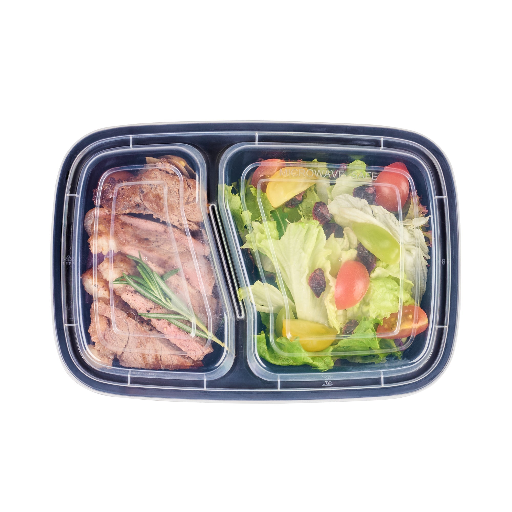 Asporto 32 oz Black Plastic 2 Compartment Food Container - with Clear Lid, Microwavable - 8 3/4" x 6" x 2" - 50 count box