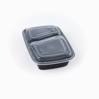 Asporto 32 oz Black Plastic 2 Compartment Food Container - with Clear Lid, Microwavable - 8 3/4" x 6" x 2" - 50 count box
