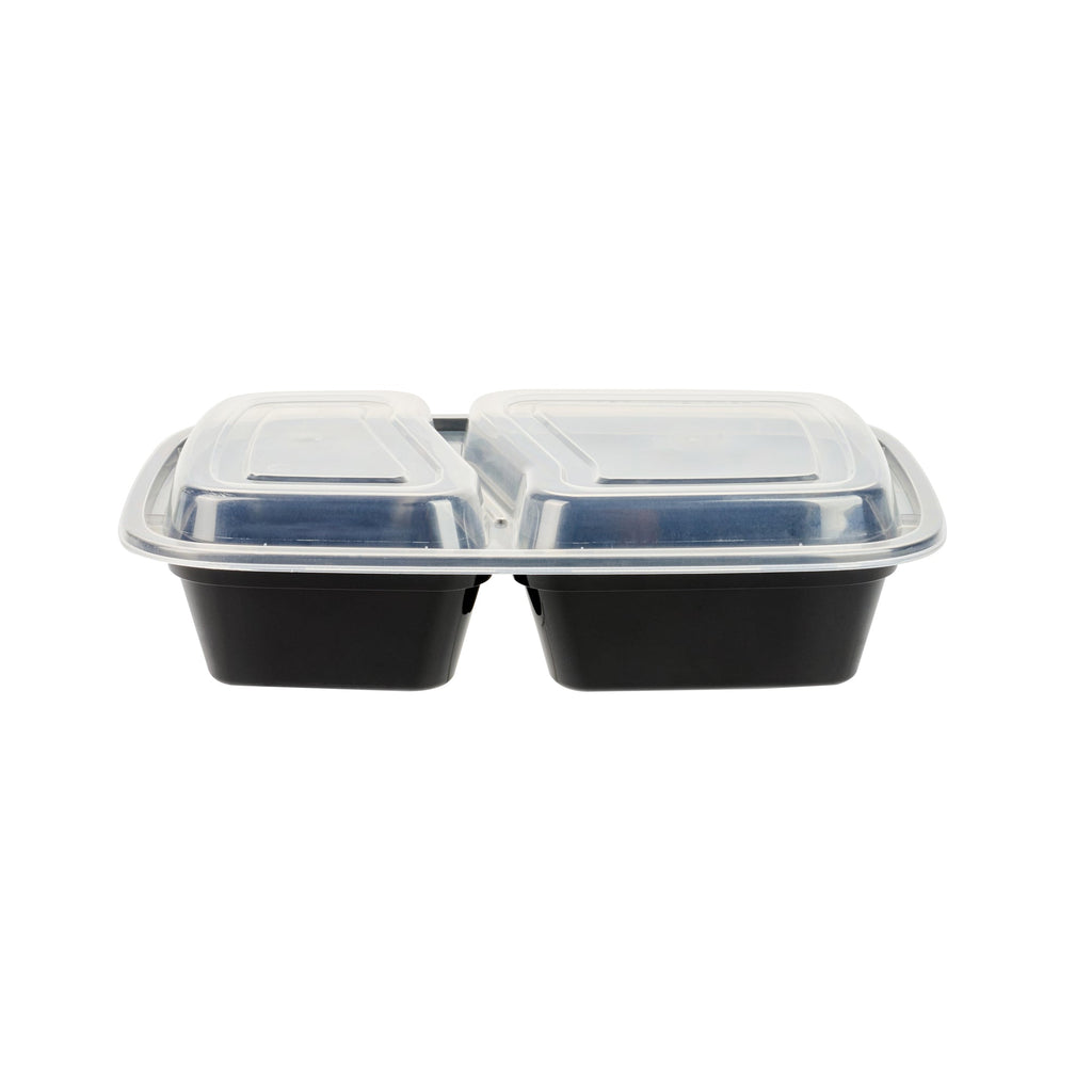 Asporto 32 oz Black Plastic 2 Compartment Food Container - with Clear Lid, Microwavable - 8 3/4" x 6" x 2" - 50 count box