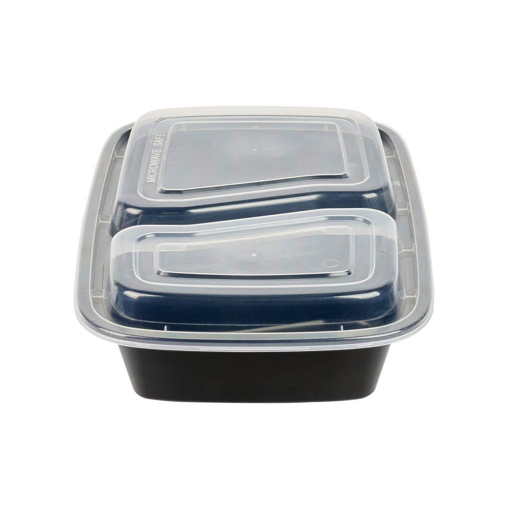 Asporto 32 oz Black Plastic 2 Compartment Food Container - with Clear Lid, Microwavable - 8 3/4" x 6" x 2" - 50 count box