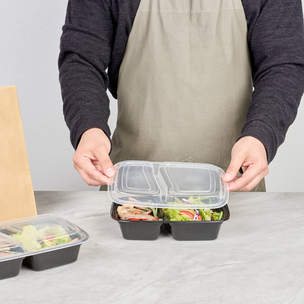 Asporto 32 oz Black Plastic 2 Compartment Food Container - with Clear Lid, Microwavable - 8 3/4" x 6" x 2" - 50 count box