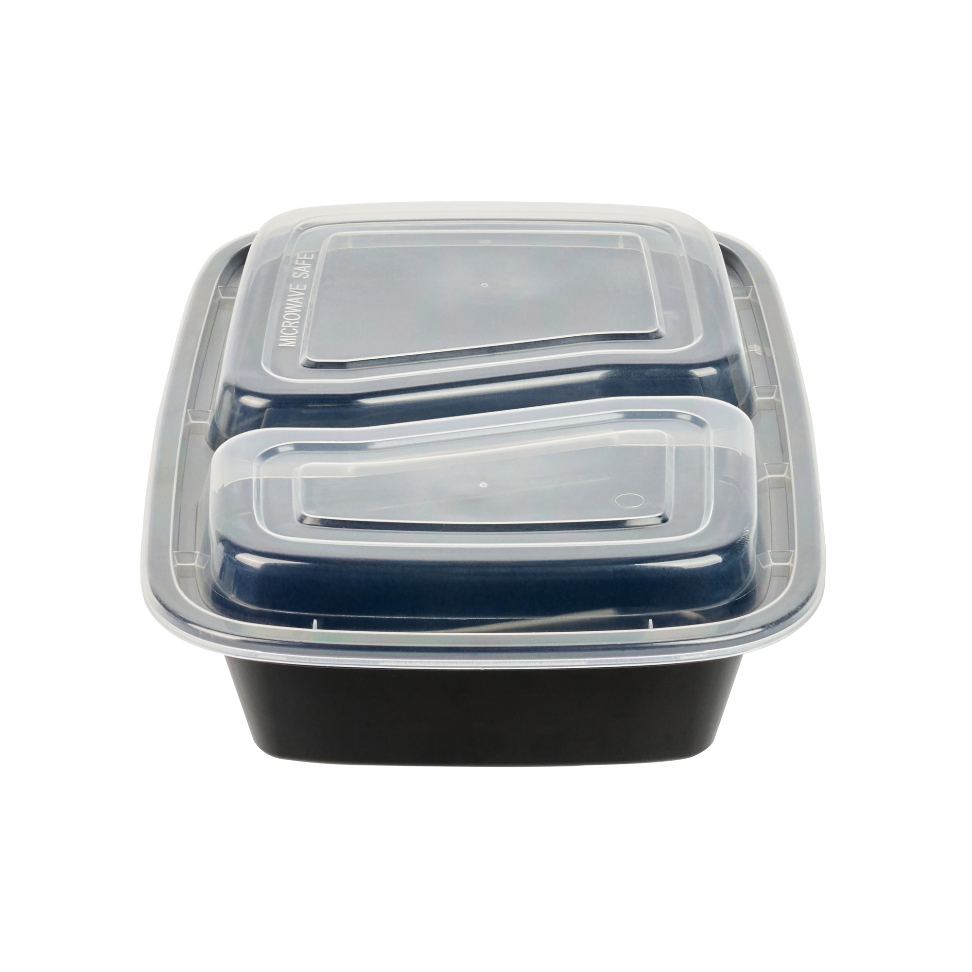Asporto 32 oz Black Plastic 2 Compartment Food Container - with Clear Lid, Microwavable - 8 3/4" x 6" x 2" - 100 count box