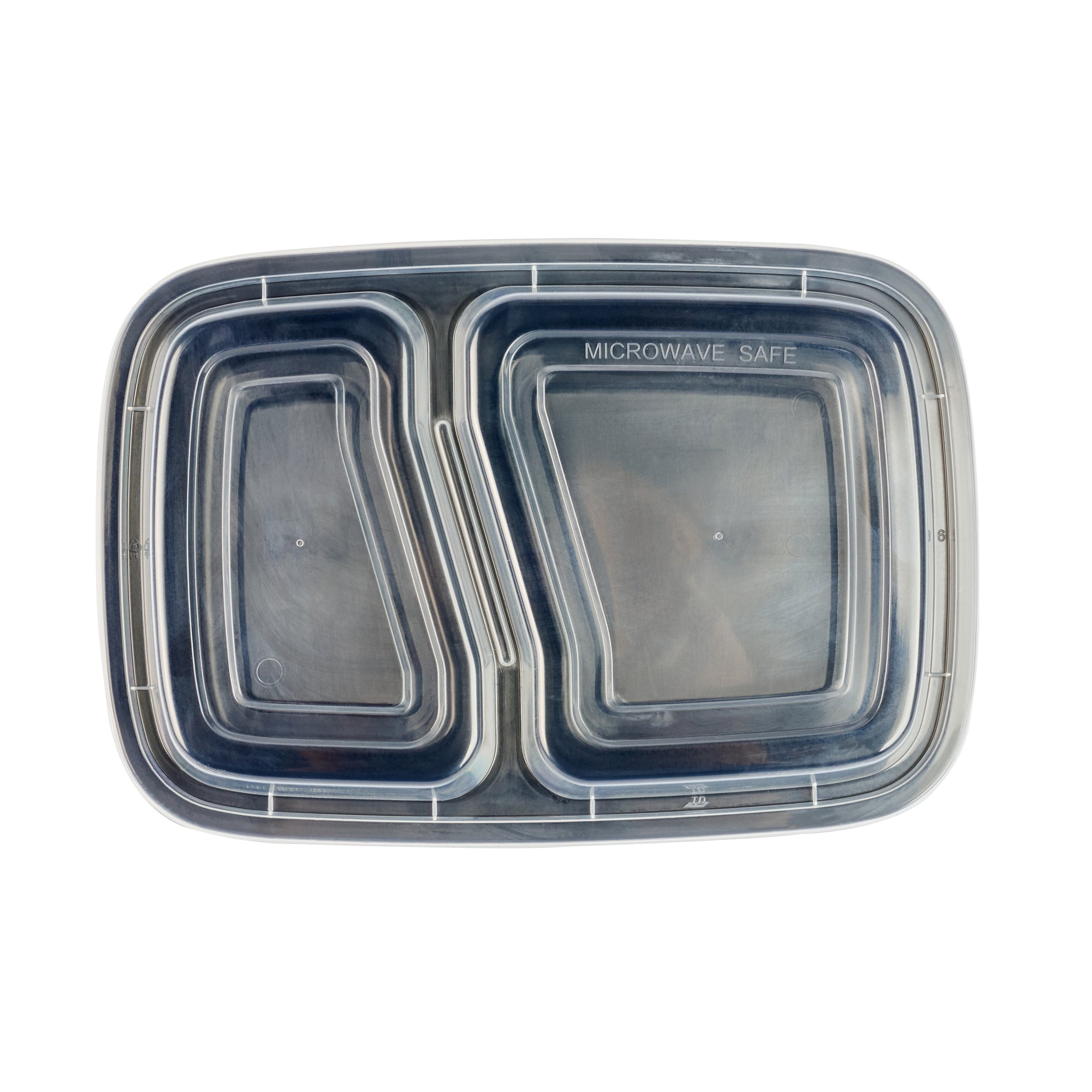 Asporto 32 oz Black Plastic 2 Compartment Food Container - with Clear Lid, Microwavable - 8 3/4" x 6" x 2" - 100 count box