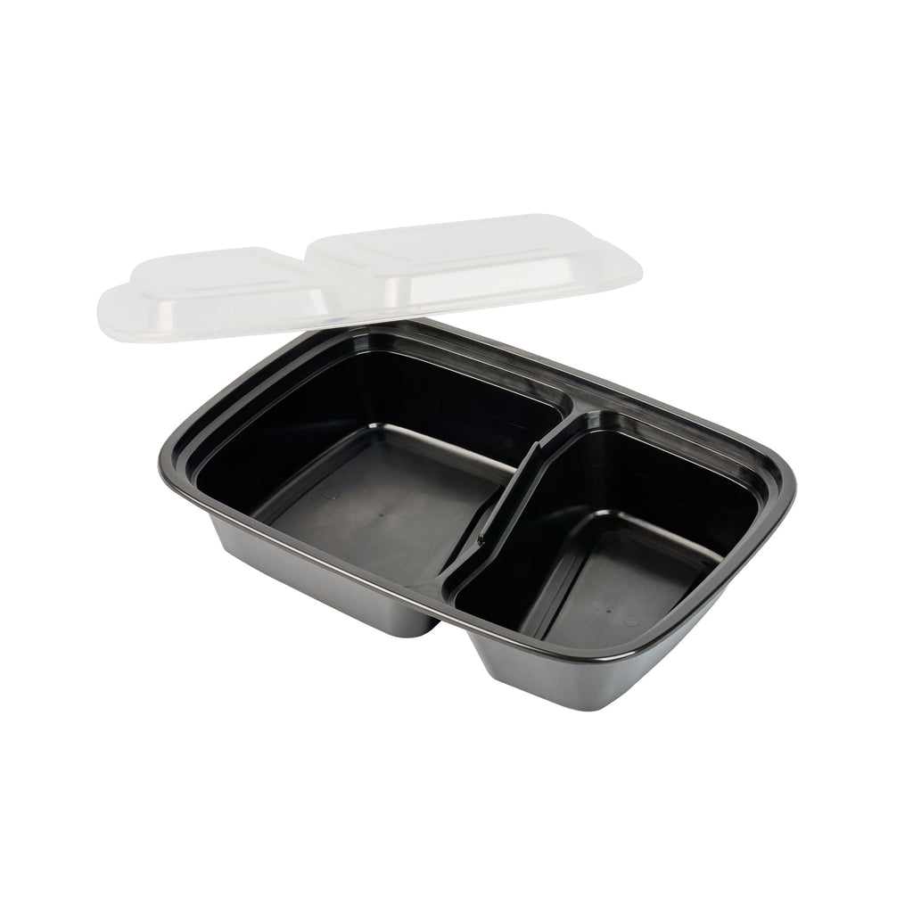 Asporto 32 oz Black Plastic 2 Compartment Food Container - with Clear Lid, Microwavable - 8 3/4" x 6" x 2" - 100 count box