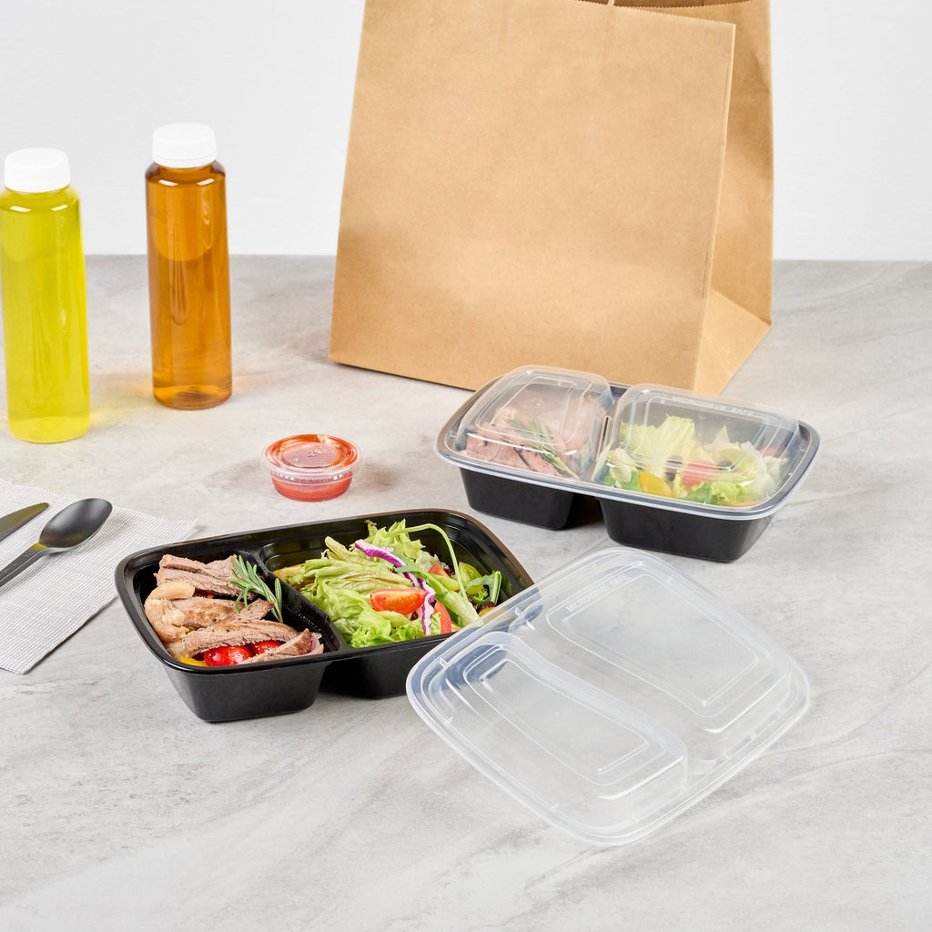 Asporto 32 oz Black Plastic 2 Compartment Food Container - with Clear Lid, Microwavable - 8 3/4" x 6" x 2" - 100 count box