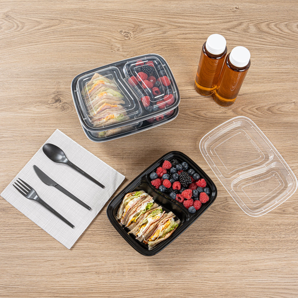 Asporto 32 oz Black Plastic 2 Compartment Food Container - with Clear Lid, Microwavable - 8 3/4" x 6" x 2" - 100 count box