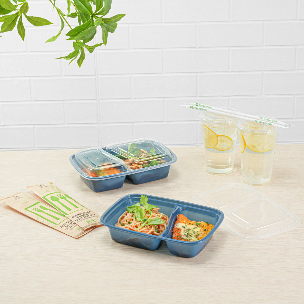 Asporto 32 oz Midnight Blue Plastic 2 Compartment Food Container - with Clear Lid, Microwavable - 8 3/4" x 6" x 2" - 100 count box