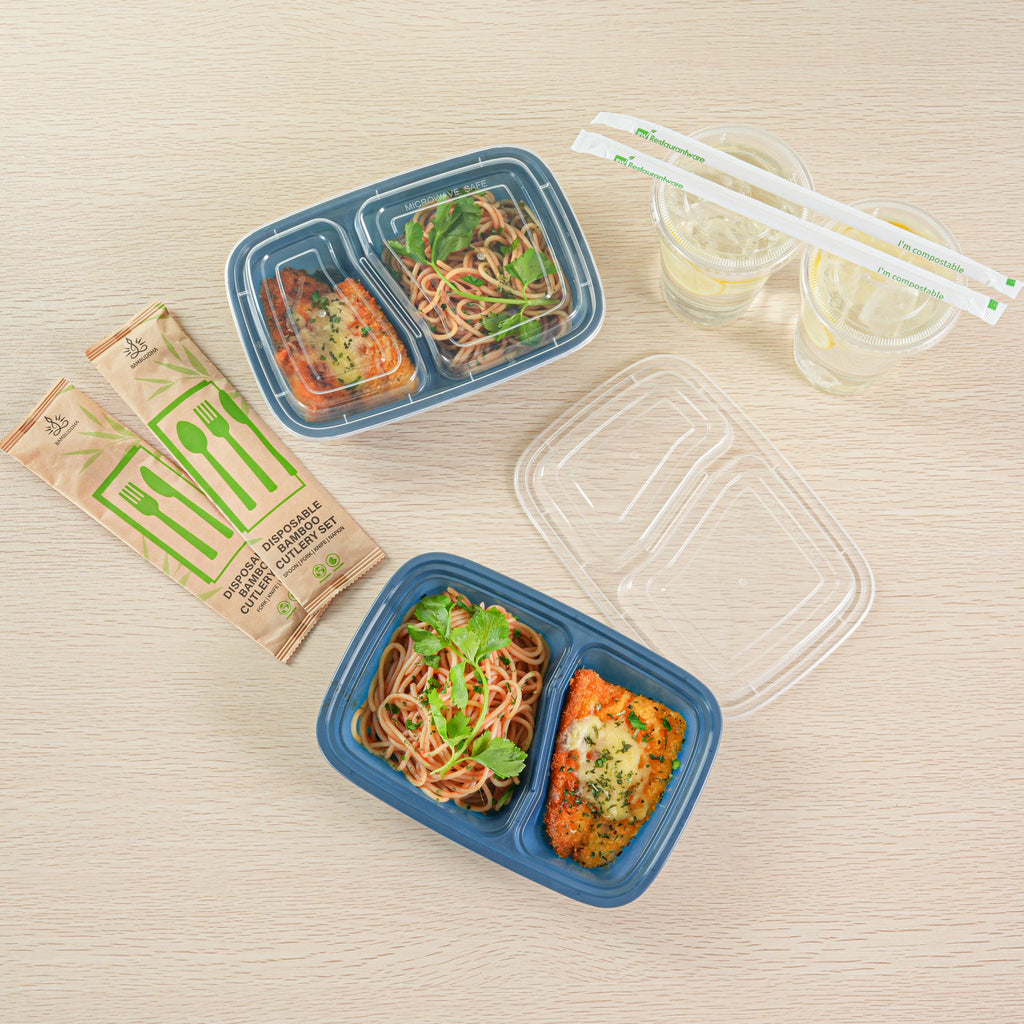 Asporto 32 oz Midnight Blue Plastic 2 Compartment Food Container - with Clear Lid, Microwavable - 8 3/4" x 6" x 2" - 100 count box