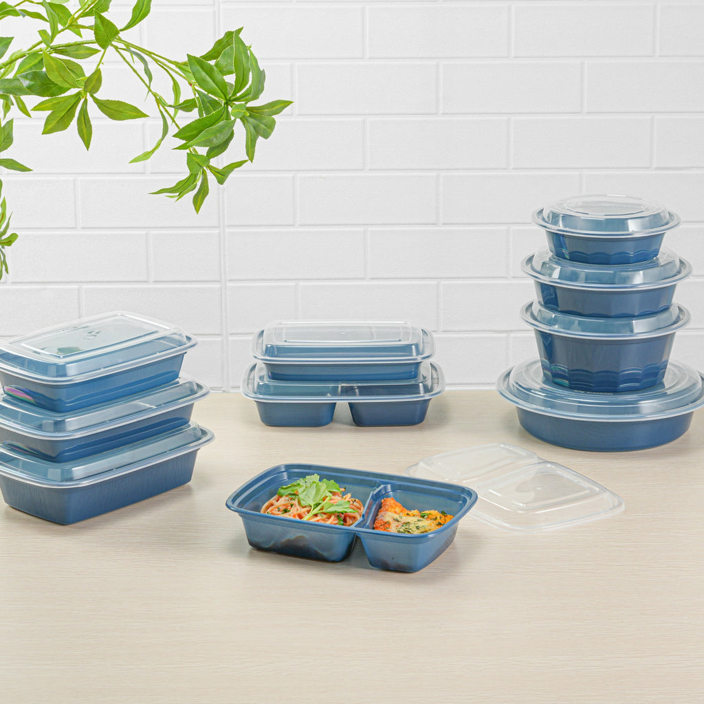 Asporto 32 oz Midnight Blue Plastic 2 Compartment Food Container - with Clear Lid, Microwavable - 8 3/4" x 6" x 2" - 100 count box