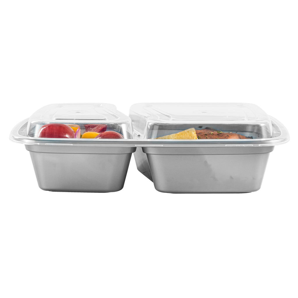 Asporto 32 oz Silver Plastic 2 Compartment Food Container - with Clear Lid, Microwavable - 8 3/4" x 6" x 2" - 100 count box