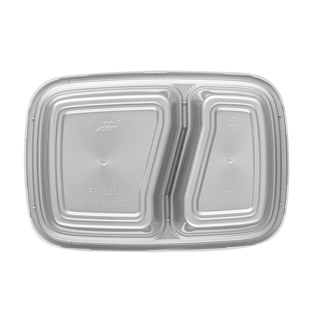 Asporto 32 oz Silver Plastic 2 Compartment Food Container - with Clear Lid, Microwavable - 8 3/4" x 6" x 2" - 100 count box