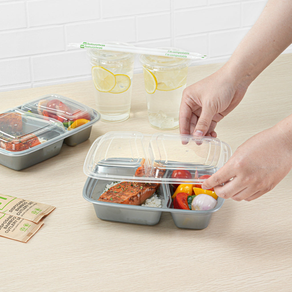 Asporto 32 oz Silver Plastic 2 Compartment Food Container - with Clear Lid, Microwavable - 8 3/4" x 6" x 2" - 100 count box