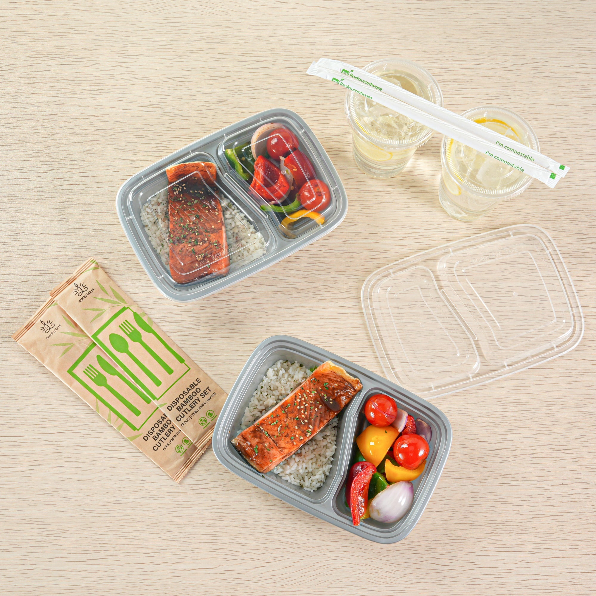 Asporto 32 oz Silver Plastic 2 Compartment Food Container - with Clear Lid, Microwavable - 8 3/4" x 6" x 2" - 100 count box