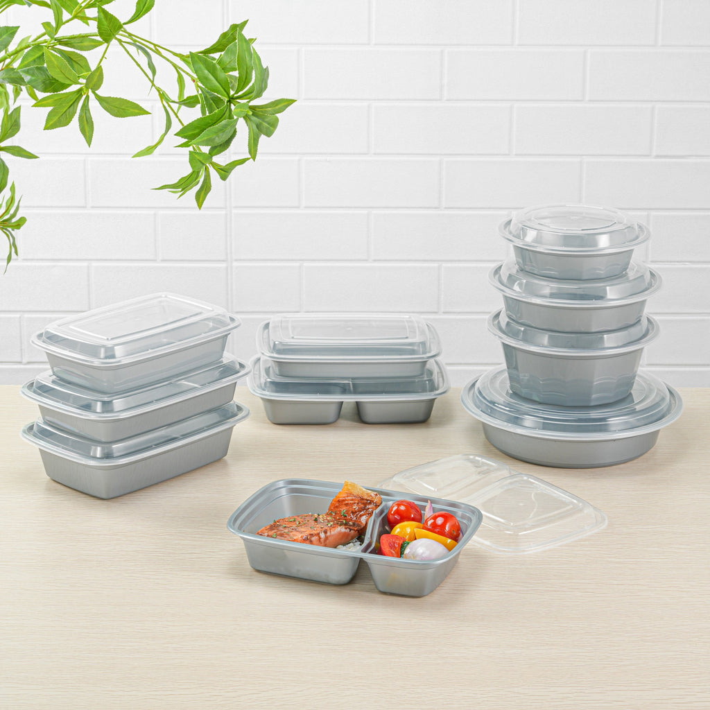 Asporto 32 oz Silver Plastic 2 Compartment Food Container - with Clear Lid, Microwavable - 8 3/4" x 6" x 2" - 100 count box