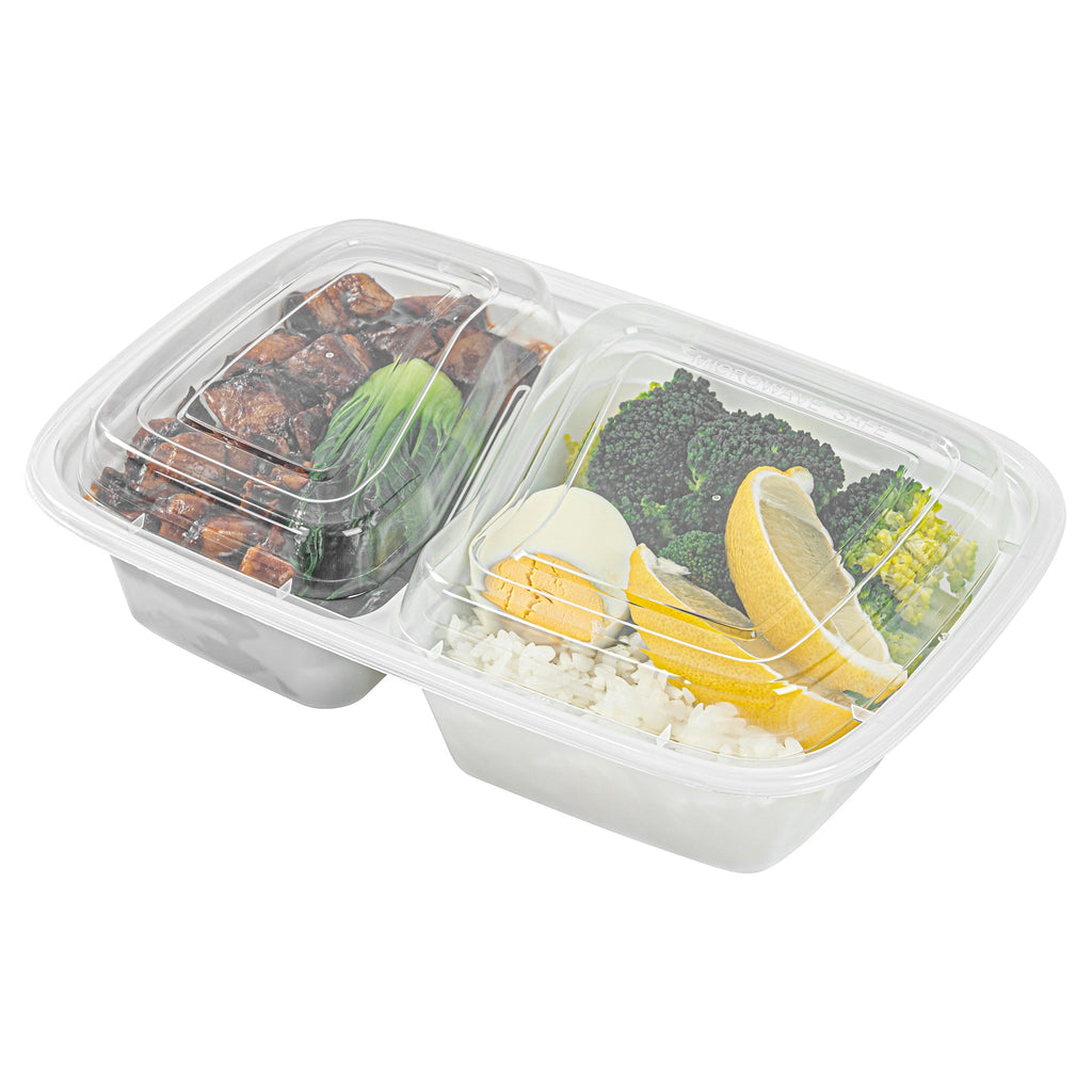Asporto 32 oz White Plastic 2 Compartment Food Container - with Clear Lid, Microwavable - 8 3/4" x 6" x 2" - 50 count box