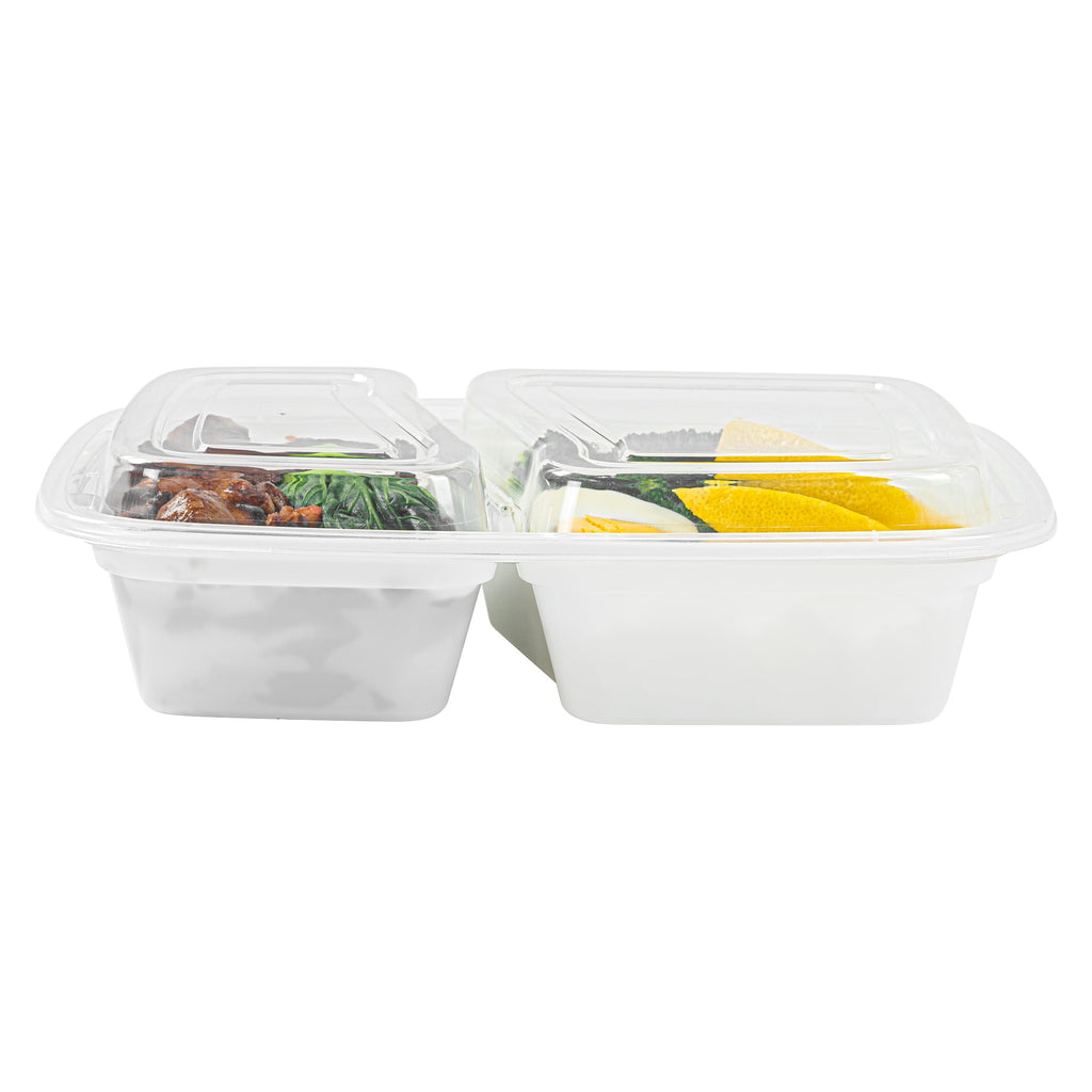 Asporto 32 oz White Plastic 2 Compartment Food Container - with Clear Lid, Microwavable - 8 3/4" x 6" x 2" - 50 count box