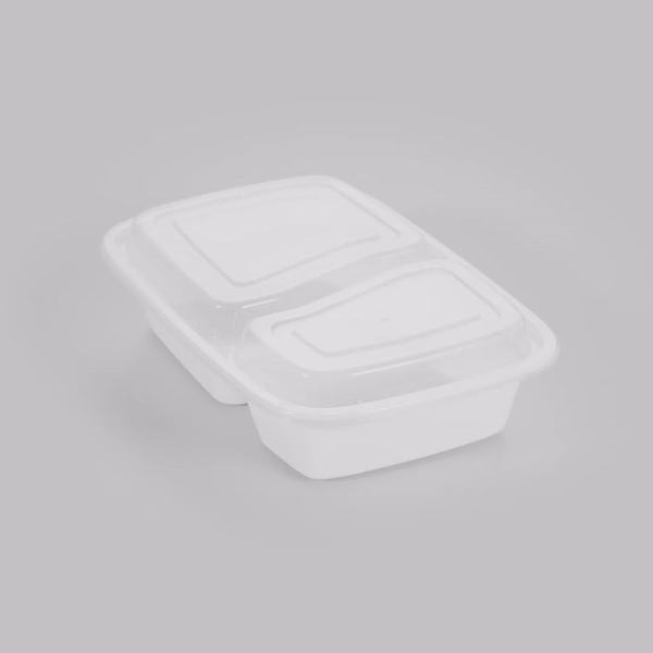 Asporto 32 oz White Plastic 2 Compartment Food Container - with Clear Lid, Microwavable - 8 3/4" x 6" x 2" - 50 count box