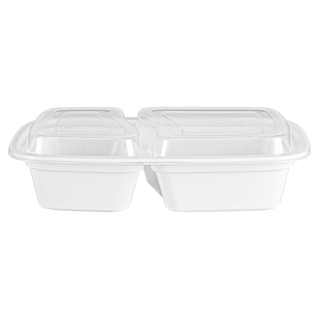 Asporto 32 oz White Plastic 2 Compartment Food Container - with Clear Lid, Microwavable - 8 3/4" x 6" x 2" - 100 count box