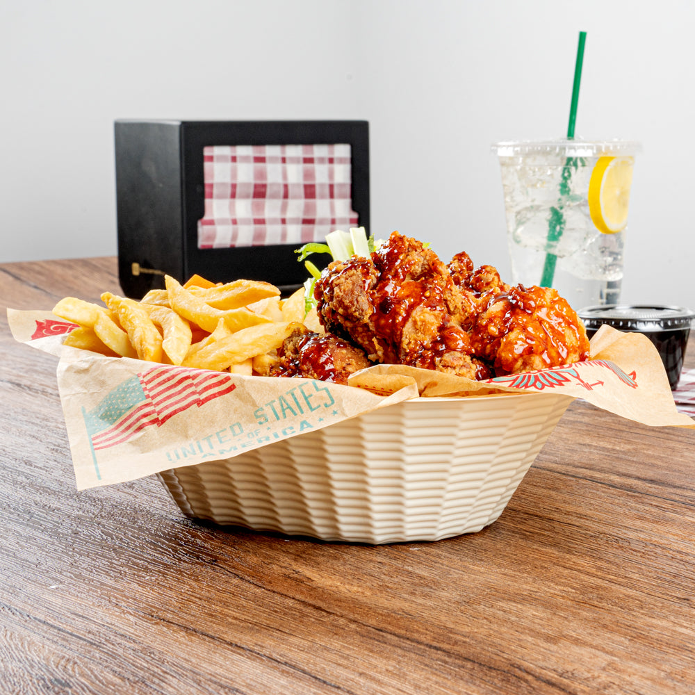 Maxi Serve 25 oz Cream Plastic Oval Food Serving Basket - Disposable - 9 1/4" x 6 1/4" x 2 1/2" - 25 count box