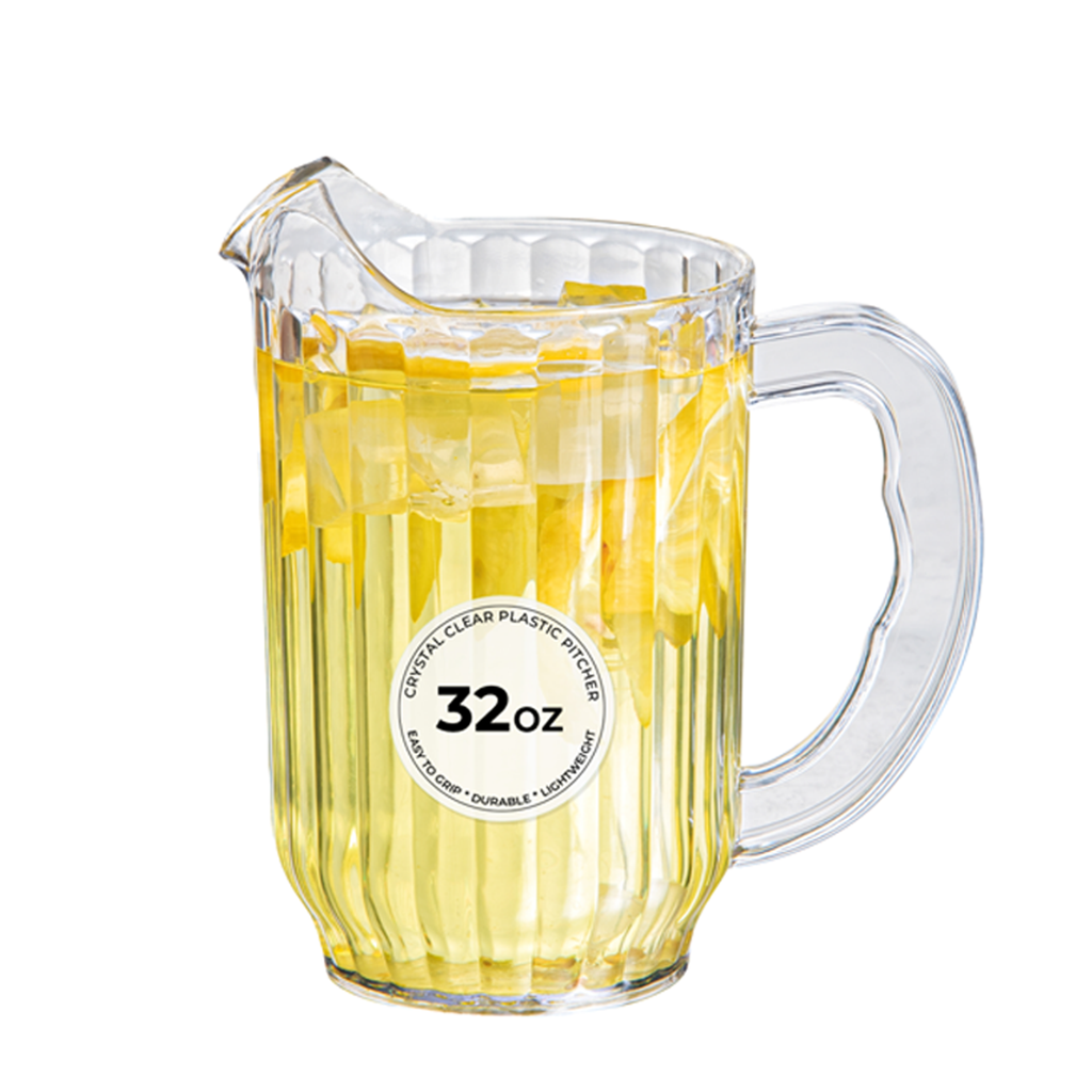 Chef 101 32 oz Clear Plastic Water Pitcher - 4 1/4" x 4 1/4" x 6 3/4" - 1 count box