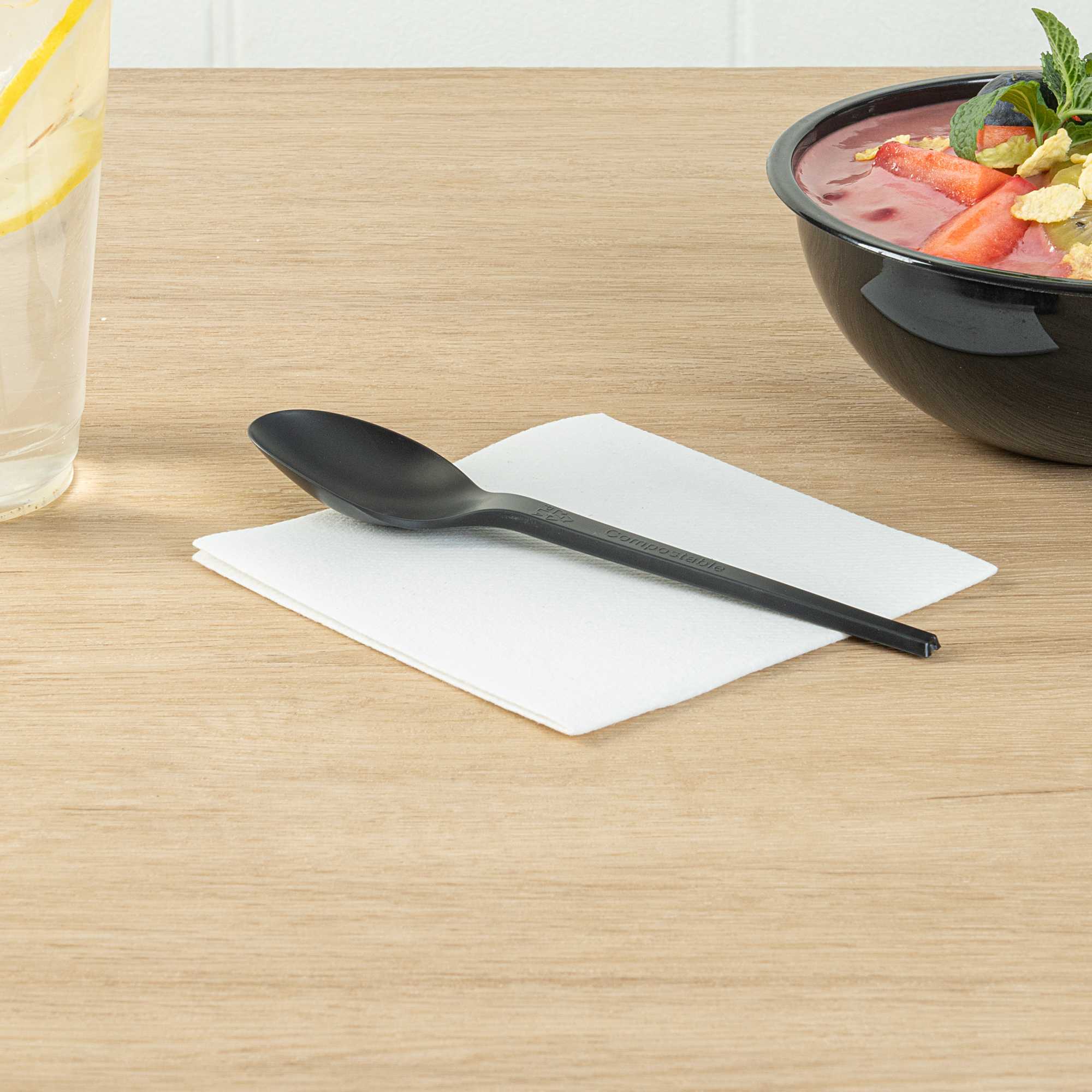 Basic Nature Black CPLA Plastic Spoon - Heat-Resistant, Compostable - 6 1/2" x 1 1/4" x 1/2" - 50 count box