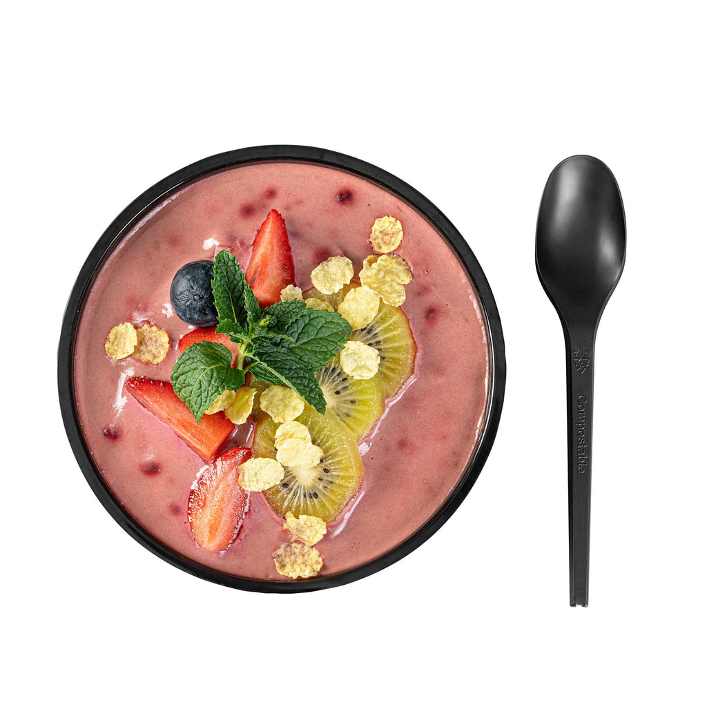 Basic Nature Black CPLA Plastic Spoon - Heat-Resistant, Compostable - 6 1/2" x 1 1/4" x 1/2" - 50 count box