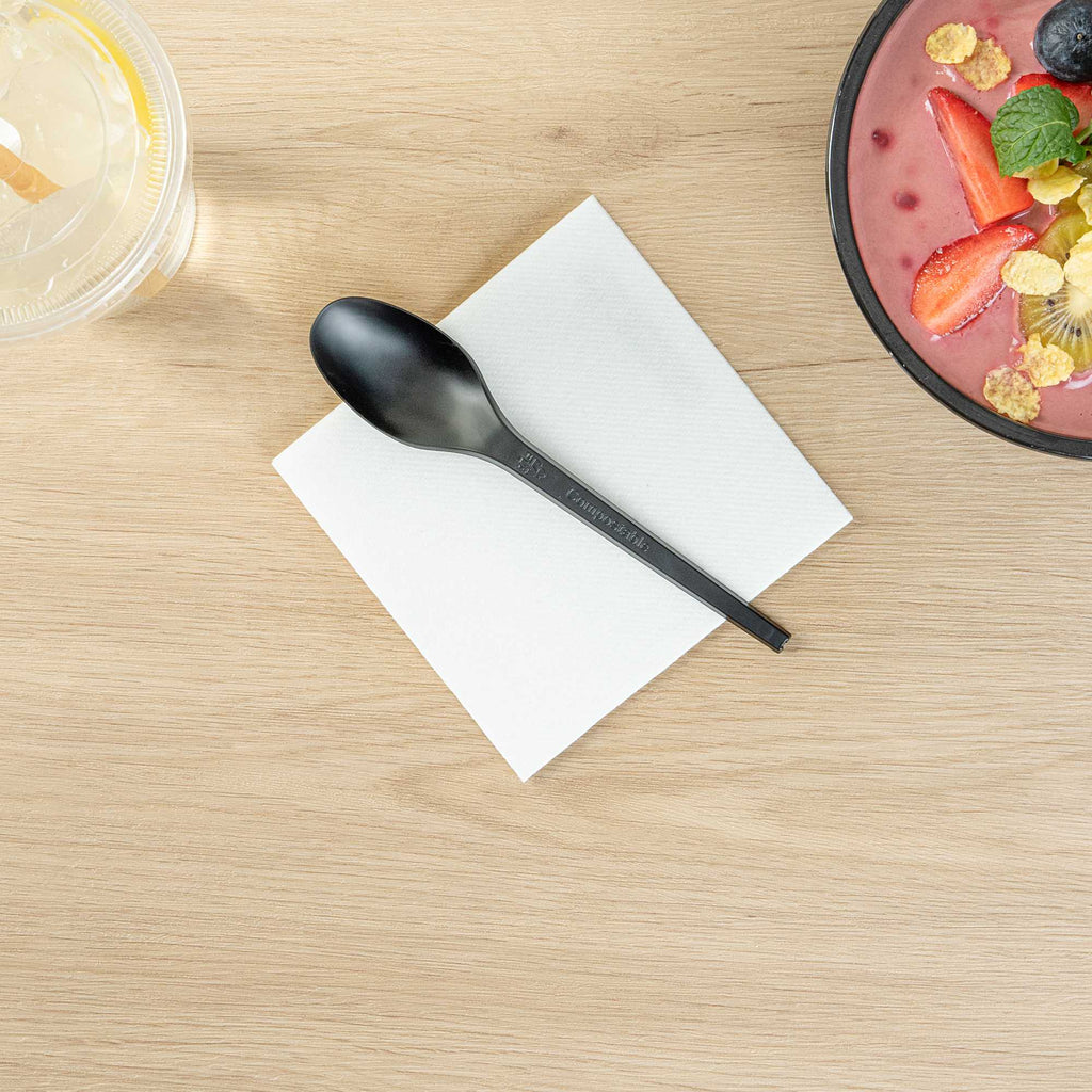 Basic Nature Black CPLA Plastic Spoon - Heat-Resistant, Compostable - 6 1/2" x 1 1/4" x 1/2" - 50 count box