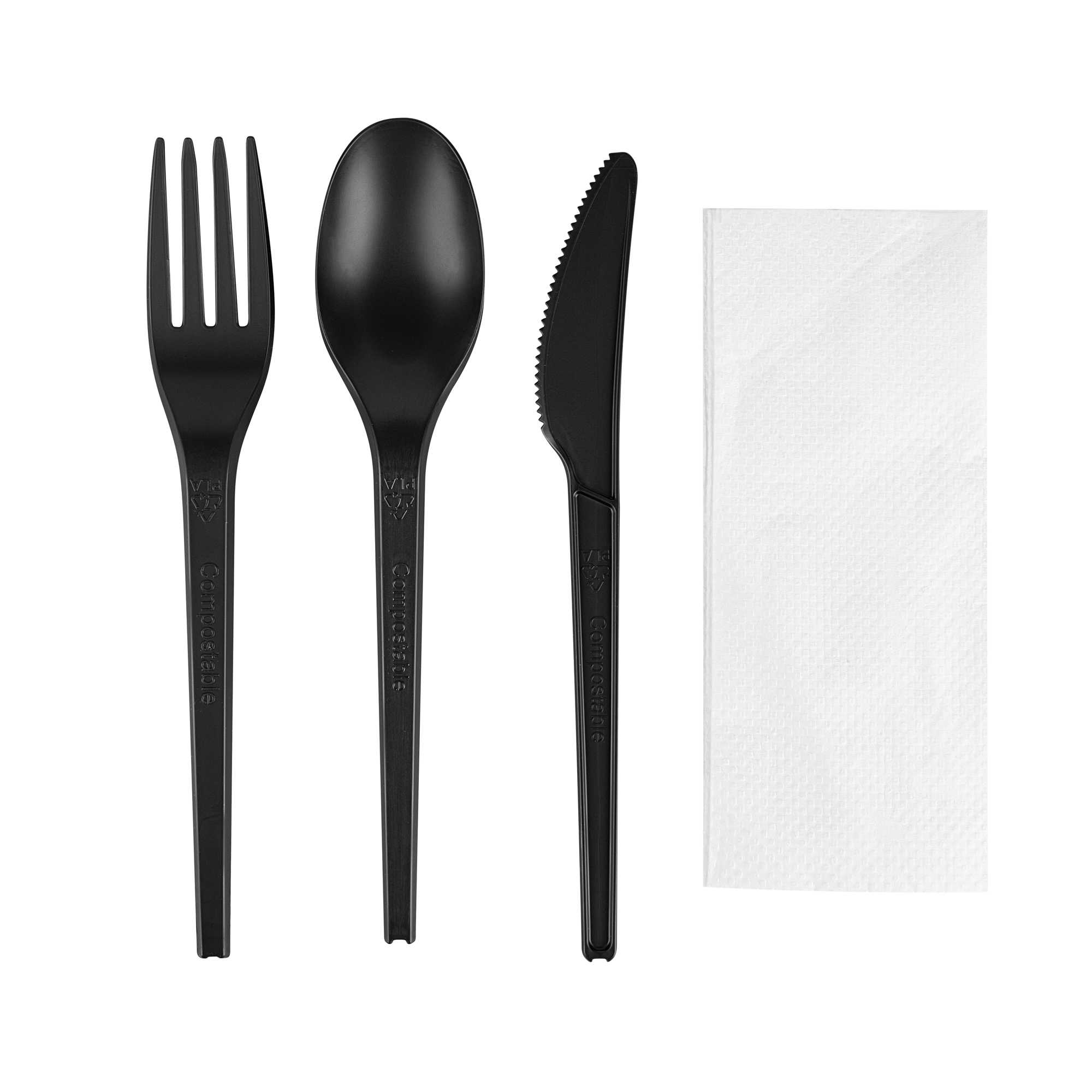 Basic Nature Black CPLA Plastic Cutlery Set - White Napkin, Heat-Resistant, Compostable - 8 3/4" x 2 3/4" x 3/4" - 100 count box