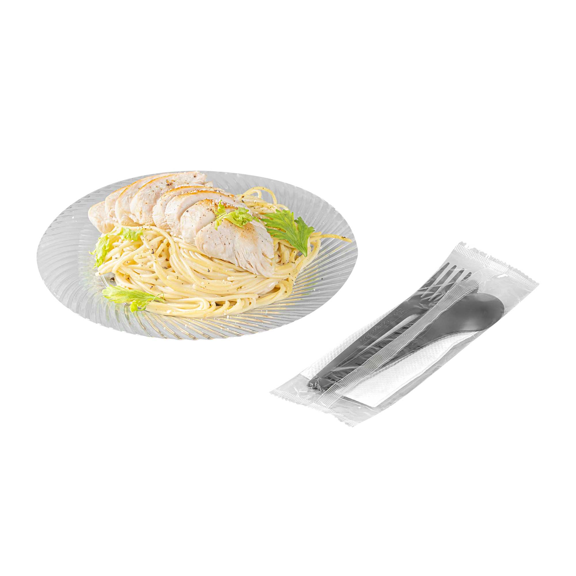 Basic Nature Black CPLA Plastic Cutlery Set - White Napkin, Heat-Resistant, Compostable - 8 3/4" x 2 3/4" x 3/4" - 100 count box