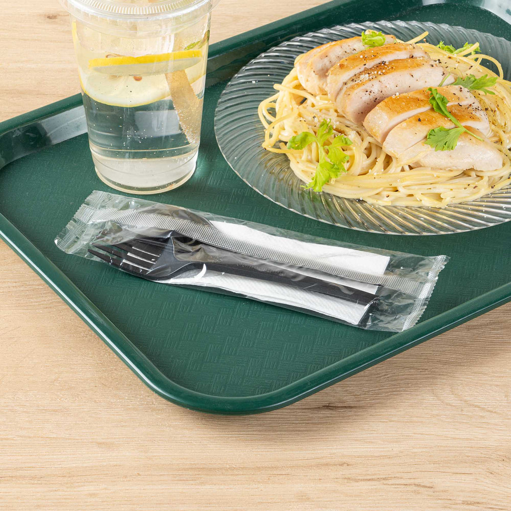 Basic Nature Black CPLA Plastic Cutlery Set - White Napkin, Heat-Resistant, Compostable - 8 3/4" x 2 3/4" x 3/4" - 100 count box