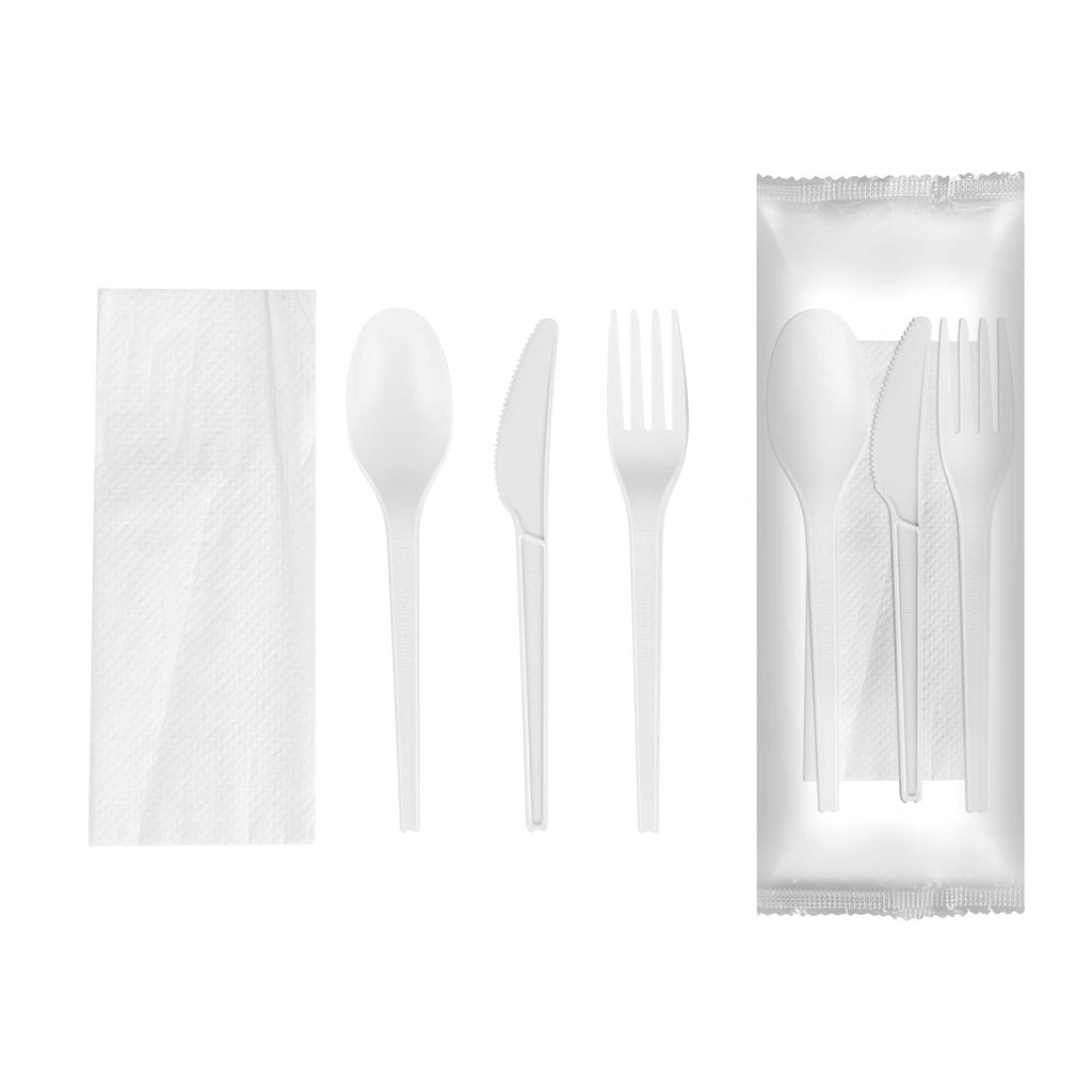 Basic Nature White CPLA Plastic Cutlery Set - White Napkin, Heat-Resistant, Compostable - 8 3/4" x 2 3/4" x 3/4" - 100 count box