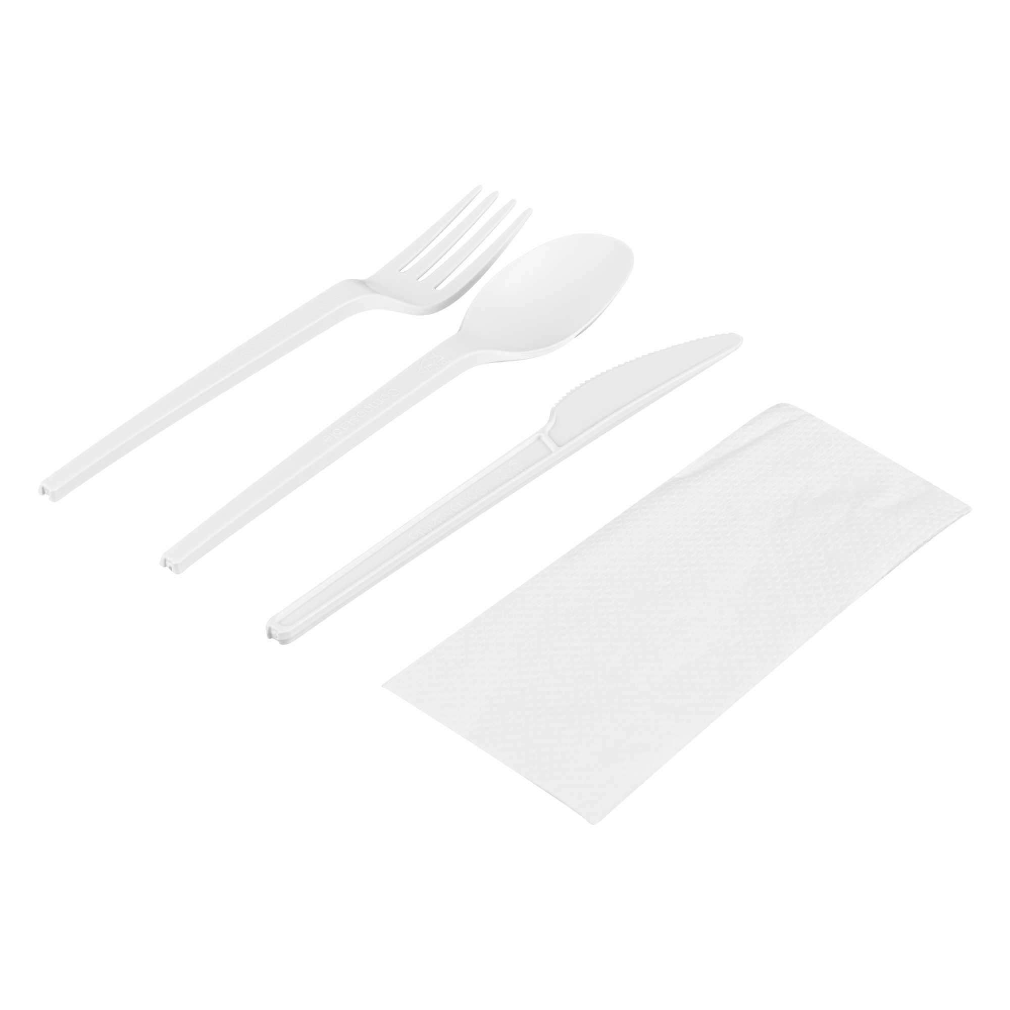 Basic Nature White CPLA Plastic Cutlery Set - White Napkin, Heat-Resistant, Compostable - 8 3/4" x 2 3/4" x 3/4" - 100 count box