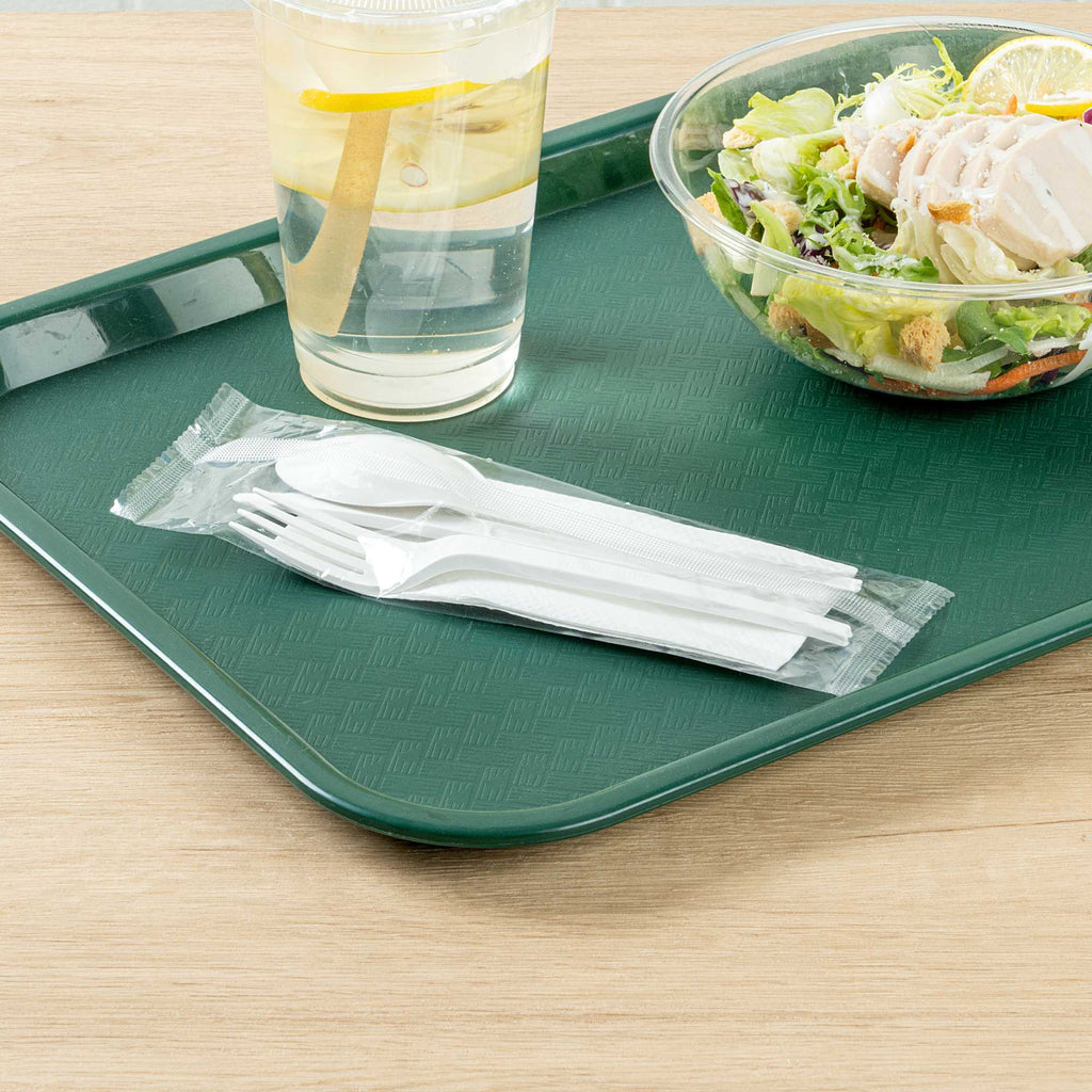 Basic Nature White CPLA Plastic Cutlery Set - White Napkin, Heat-Resistant, Compostable - 8 3/4" x 2 3/4" x 3/4" - 100 count box