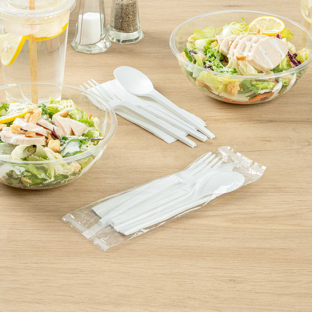 Basic Nature White CPLA Plastic Cutlery Set - White Napkin, Heat-Resistant, Compostable - 8 3/4" x 2 3/4" x 3/4" - 100 count box