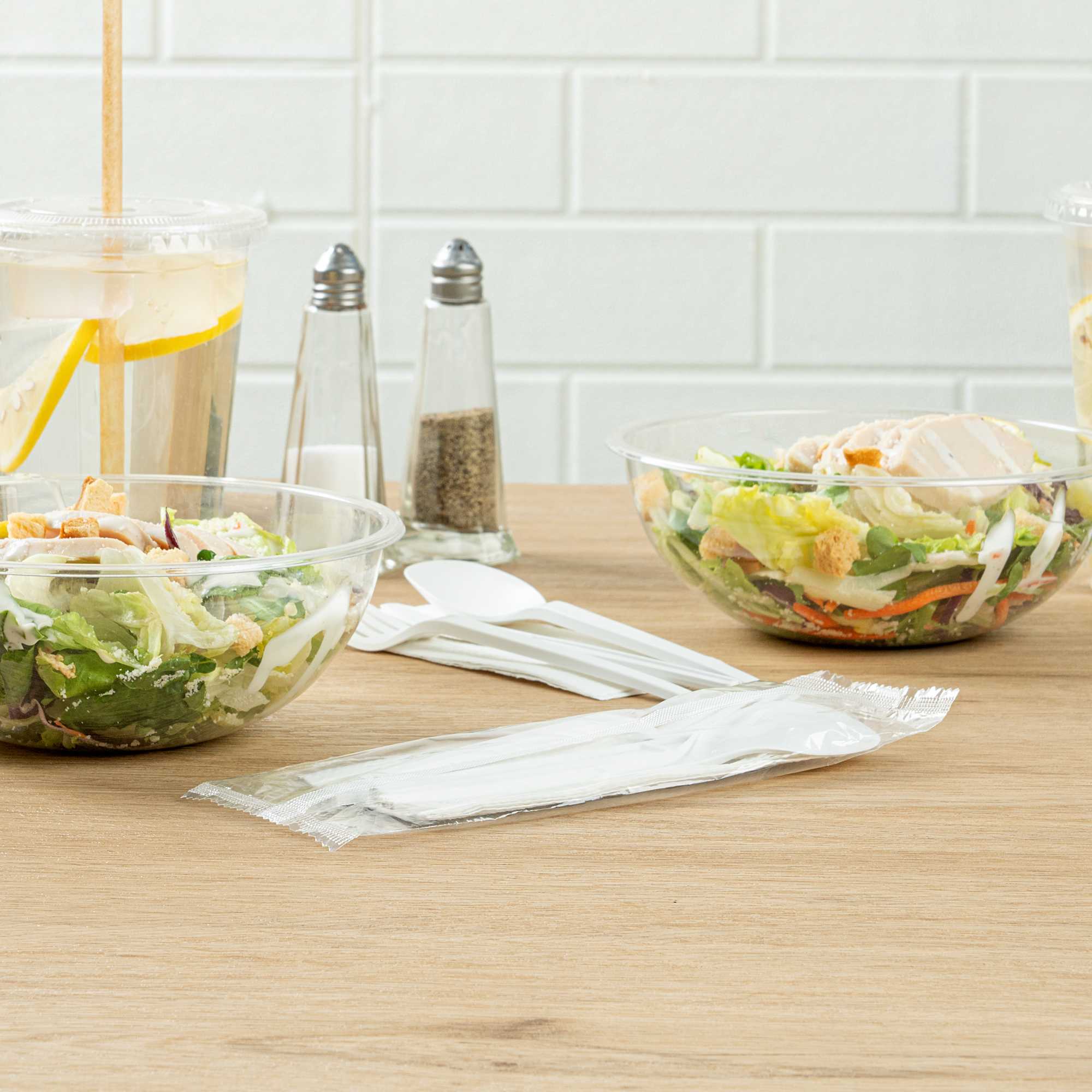 Basic Nature White CPLA Plastic Cutlery Set - White Napkin, Heat-Resistant, Compostable - 8 3/4" x 2 3/4" x 3/4" - 100 count box