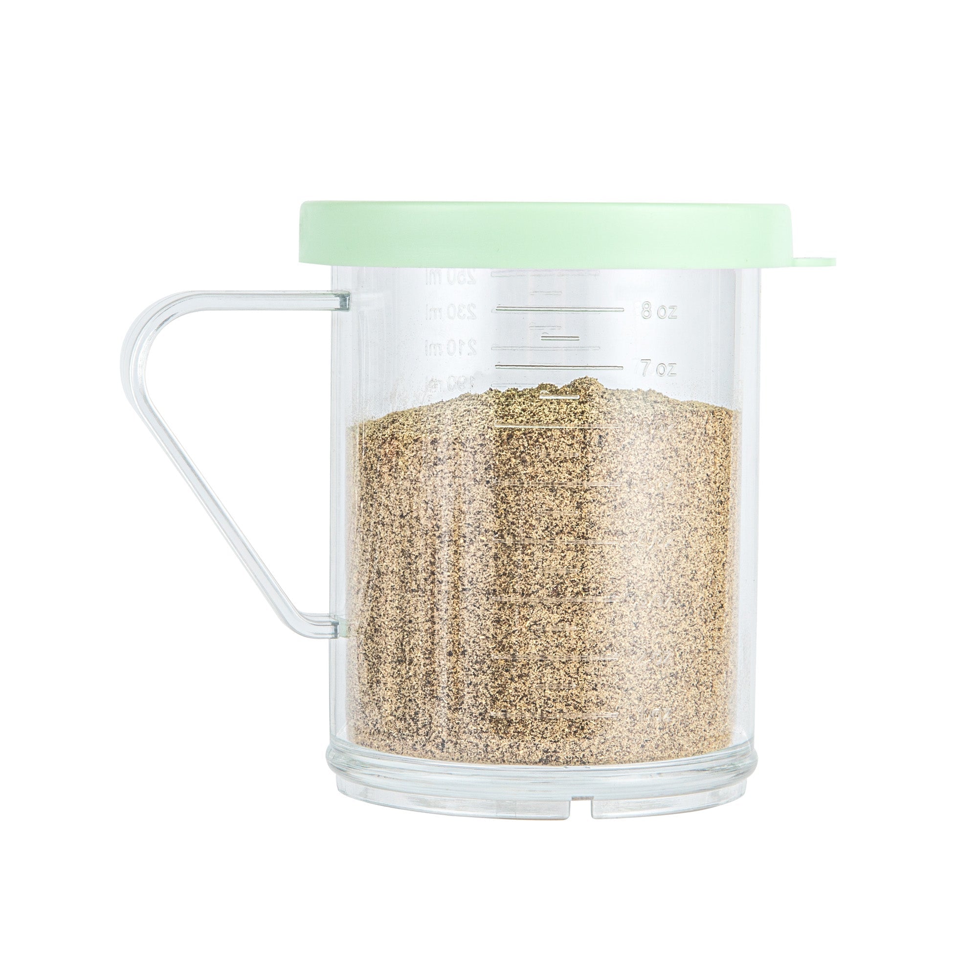 Chef 101 10 oz Clear Polycarbonate Dredge Spice Shaker - with Green Extra Fine Lid - 4 3/4" x 3 1/4" x 4" - 1 count box