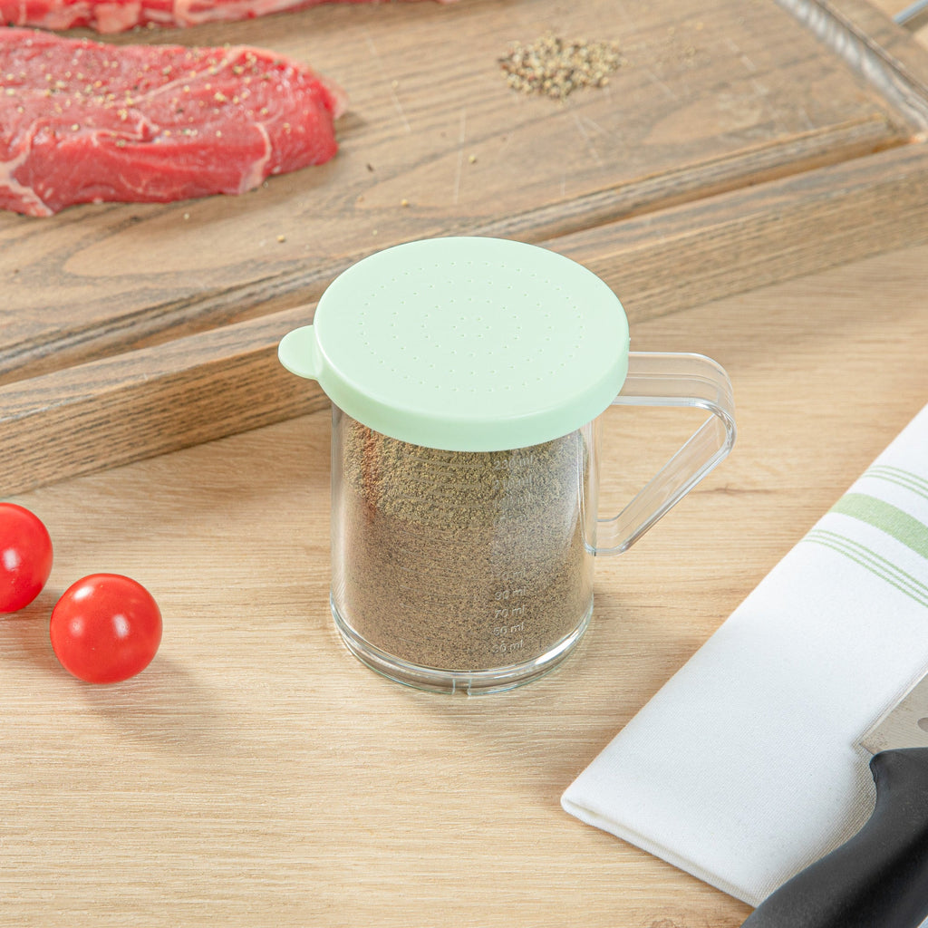 Chef 101 10 oz Clear Polycarbonate Dredge Spice Shaker - with Green Extra Fine Lid - 4 3/4" x 3 1/4" x 4" - 1 count box