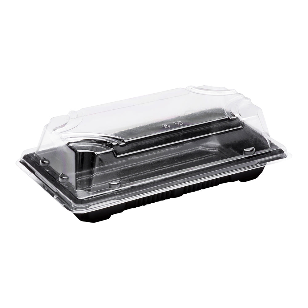 Roku Rectangle Black Plastic Medium Take Out Sushi Tray - with Clear Lid - 6 3/4" x 3 3/4" x 2" - 100 count box