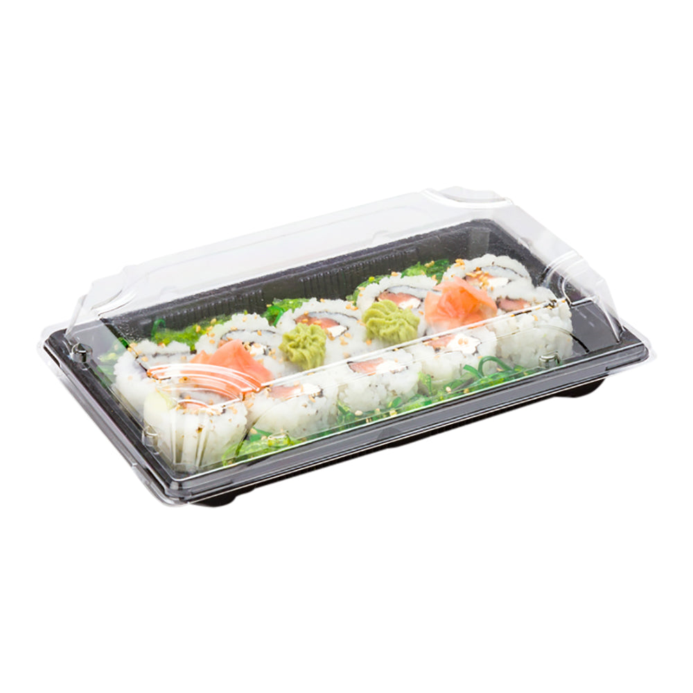 Roku Rectangle Black Plastic Large Take Out Sushi Tray - with Clear Lid - 8 3/4" x 5 1/2" x 2" - 100 count box