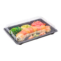 Roku Rectangle Black Plastic Extra Large Take Out Sushi Tray - with Clear Lid - 10 1/4" x 7 1/2" x 2" - 100 count box