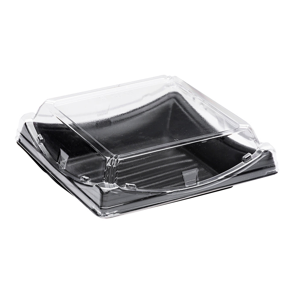 Roku Square Black Plastic Take Out Sushi Container - with Clear Lid - 7 1/4" x 7 1/4" x 2" - 100 count box