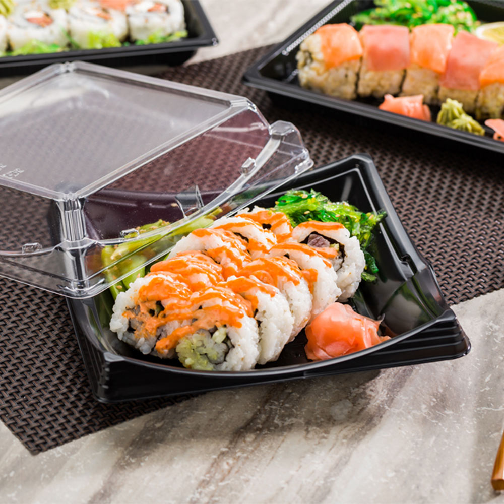 Roku Square Black Plastic Take Out Sushi Container - with Clear Lid - 7 1/4" x 7 1/4" x 2" - 100 count box