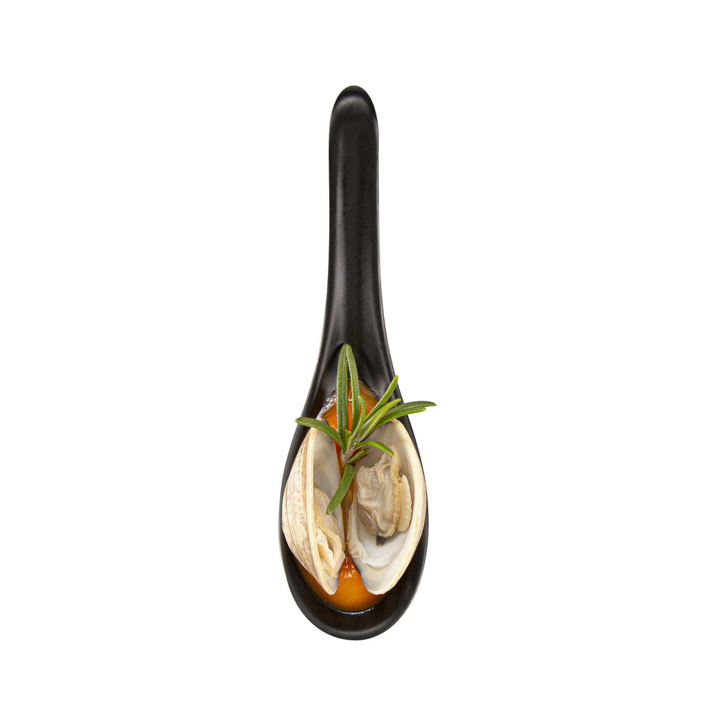 Voga 1 oz Black Melamine Tasting Spoon - Japonais, Curva - 5 3/4" x 1 1/2" x 1" - 10 count box
